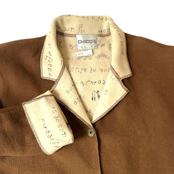 Chico’s Wool Blend Button Jacket Hieroglyphic Print Lining Brown Size 1 (M) - Picture 7 of 12